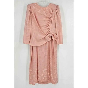 VTG Miss Elliette Pink Satin Feel Midi Dress Attached Overlay Blouse Sz 14 USA